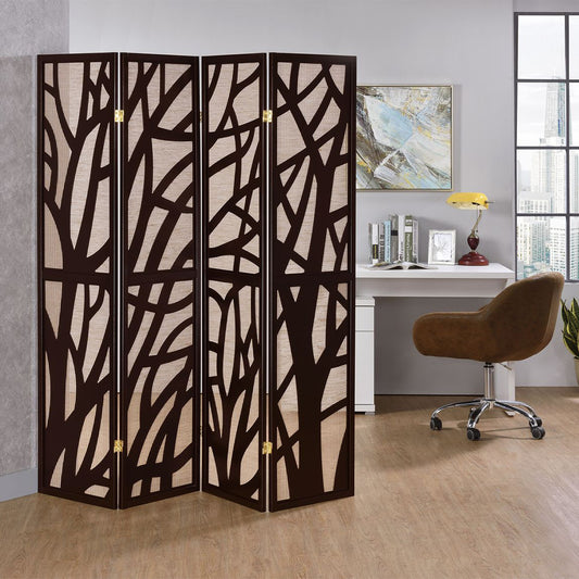 Blaize I Espresso 4 panel screen with tree design with Jute inlay