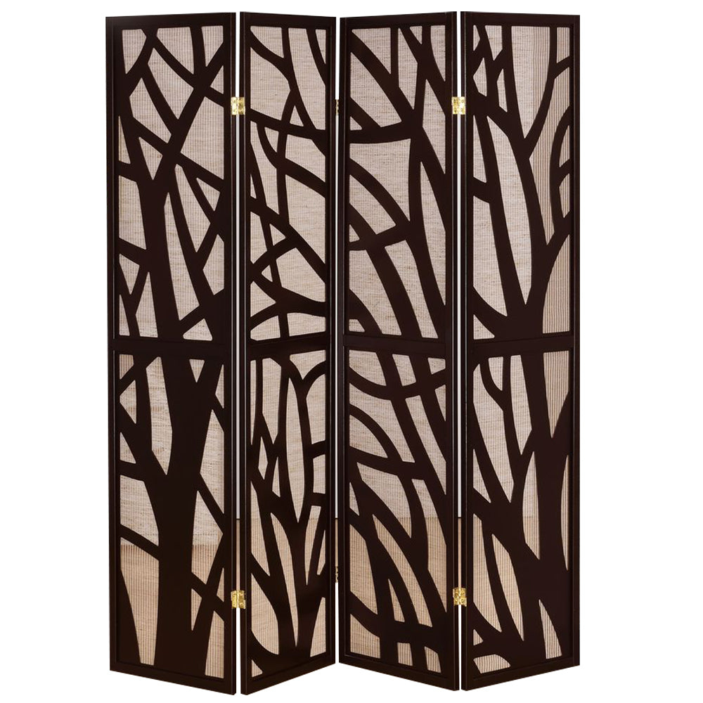 Blaize I Espresso 4 panel screen with tree design with Jute inlay