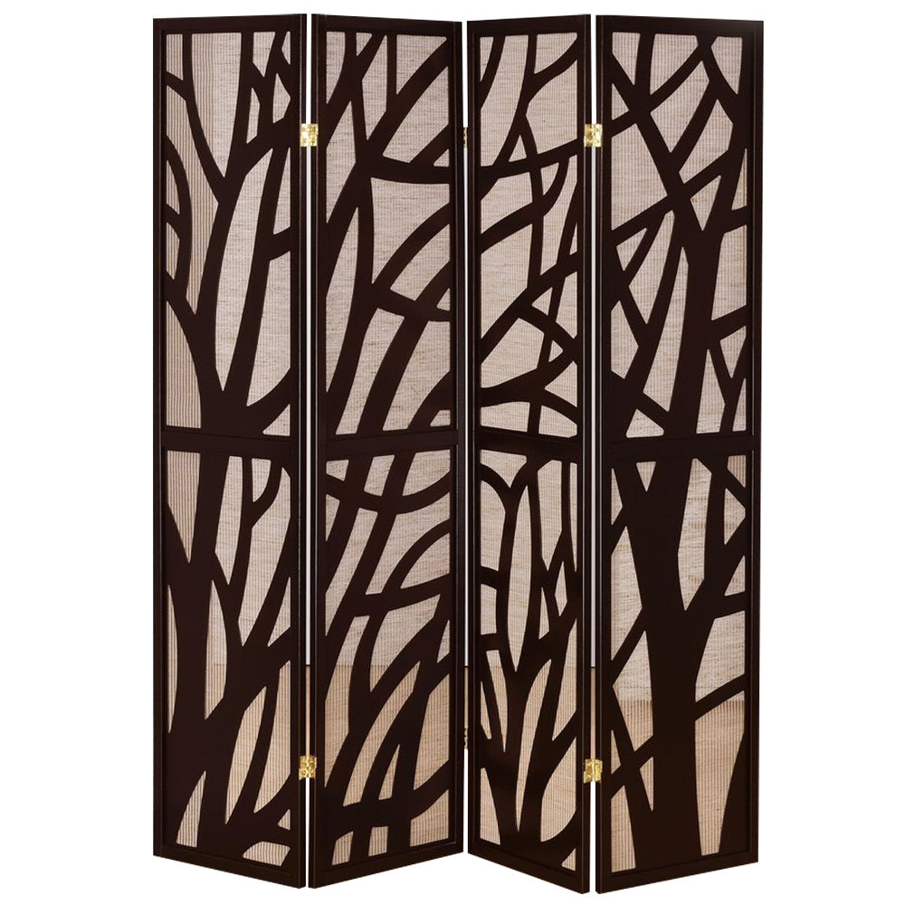 Blaize I Espresso 4 panel screen with tree design with Jute inlay