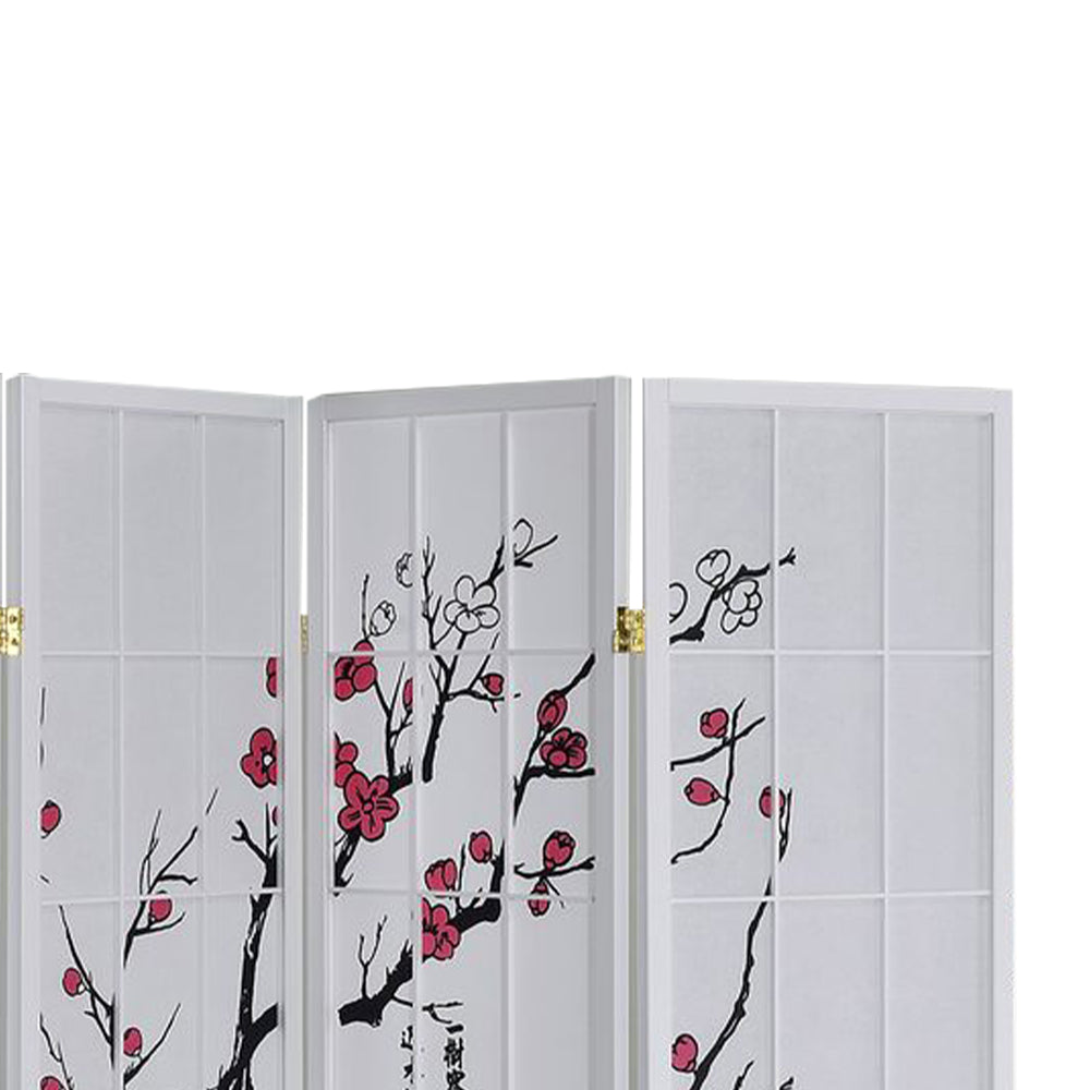 Deandre White 4 panel shoji Screen with Plum Blossom prints