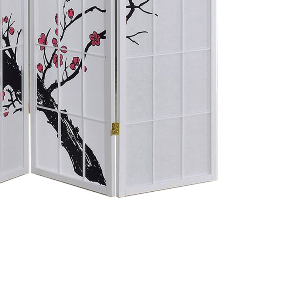 Deandre White 4 panel shoji Screen with Plum Blossom prints