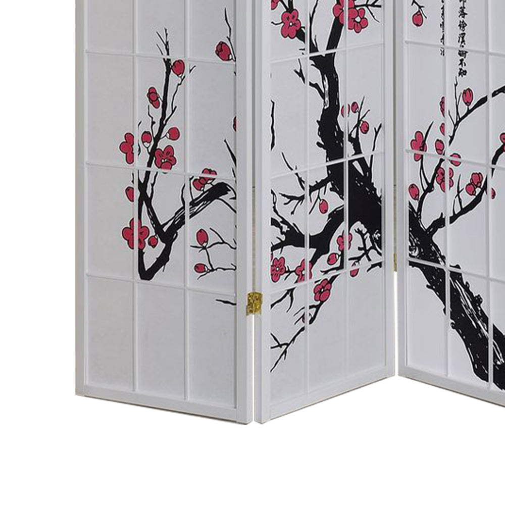 Deandre White 4 panel shoji Screen with Plum Blossom prints