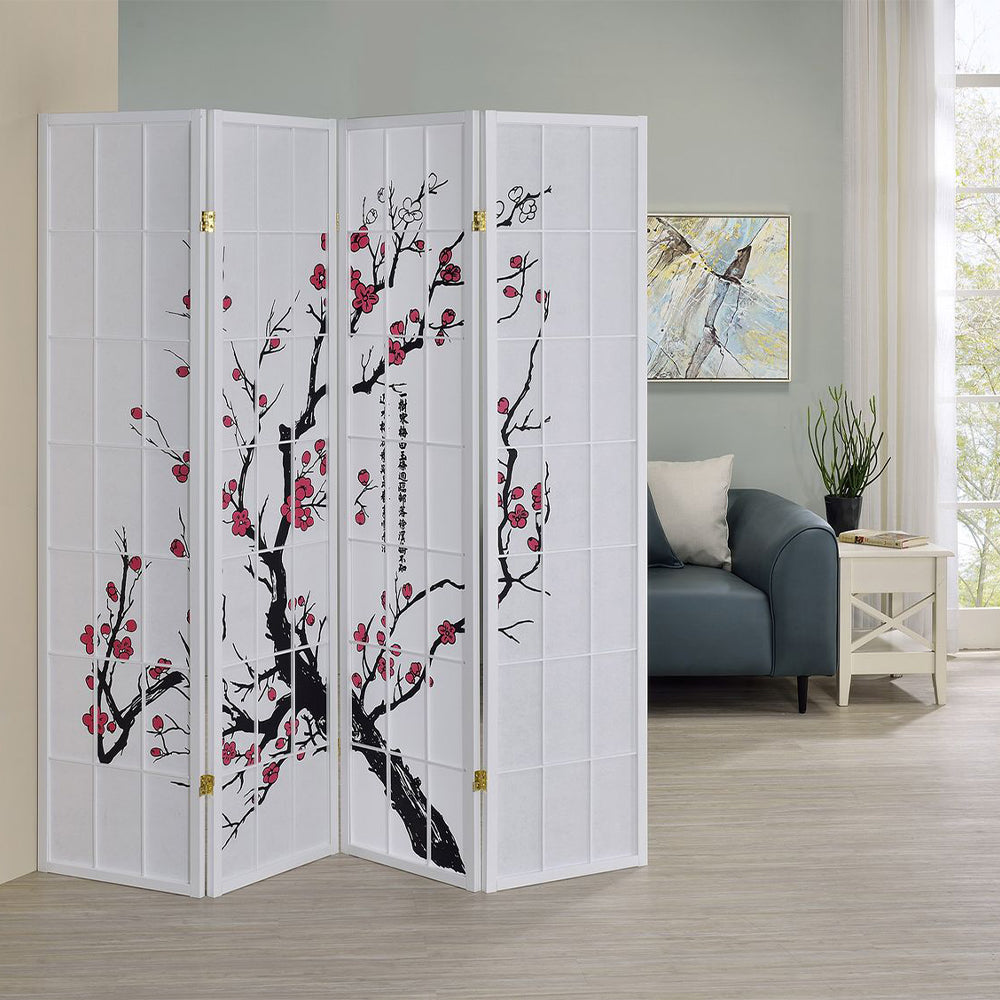 Deandre White 4 panel shoji Screen with Plum Blossom prints