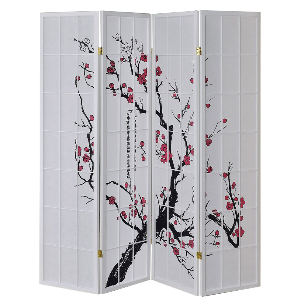 Deandre White 4 panel shoji Screen with Plum Blossom prints