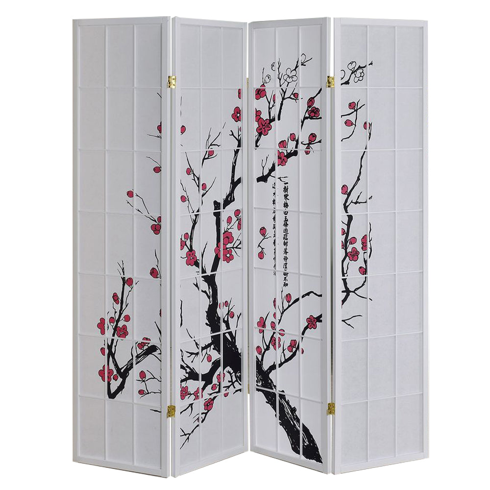 Deandre White 4 panel shoji Screen with Plum Blossom prints