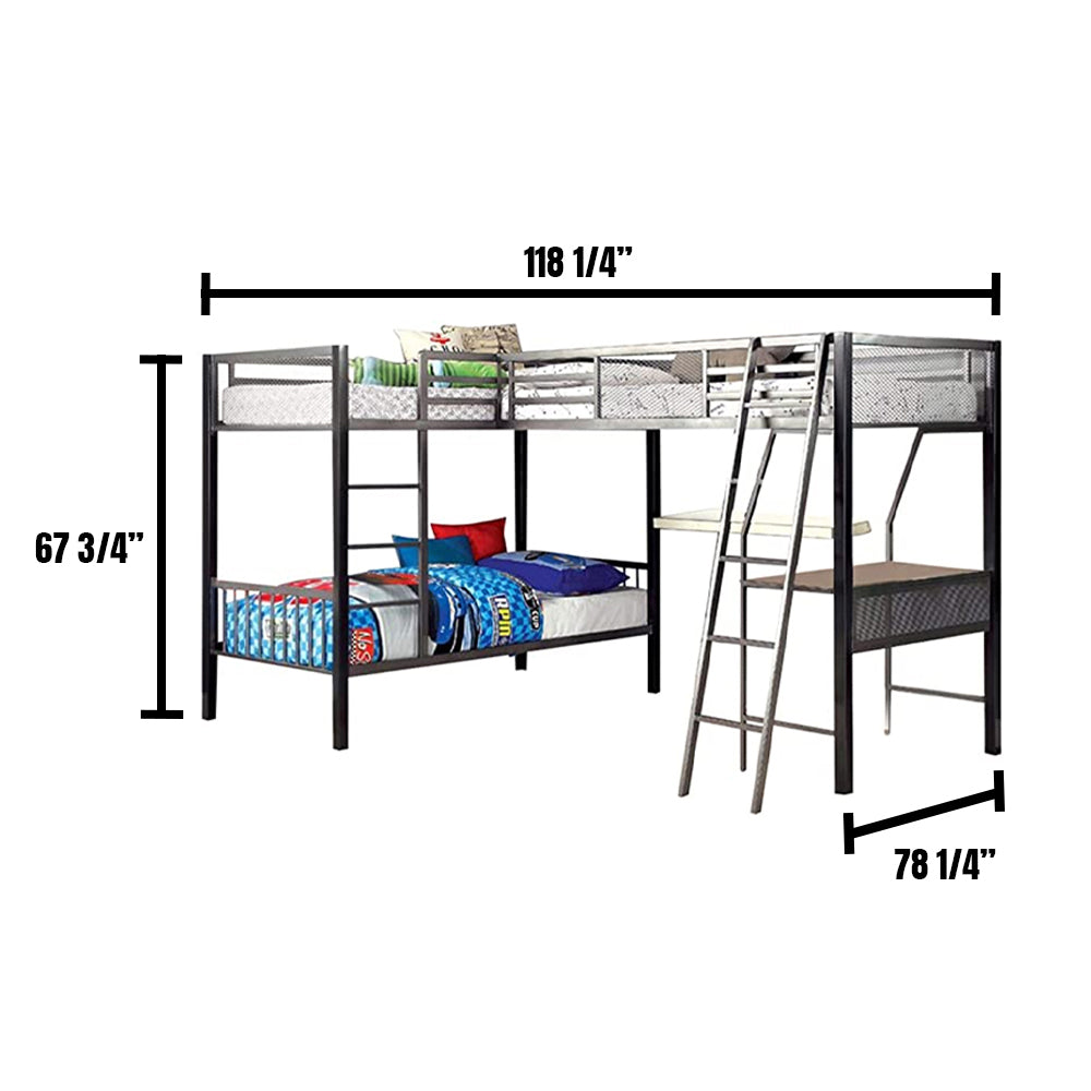 BALLARAT Triple Twin Bunk Bed w/ Desk in Silver finish