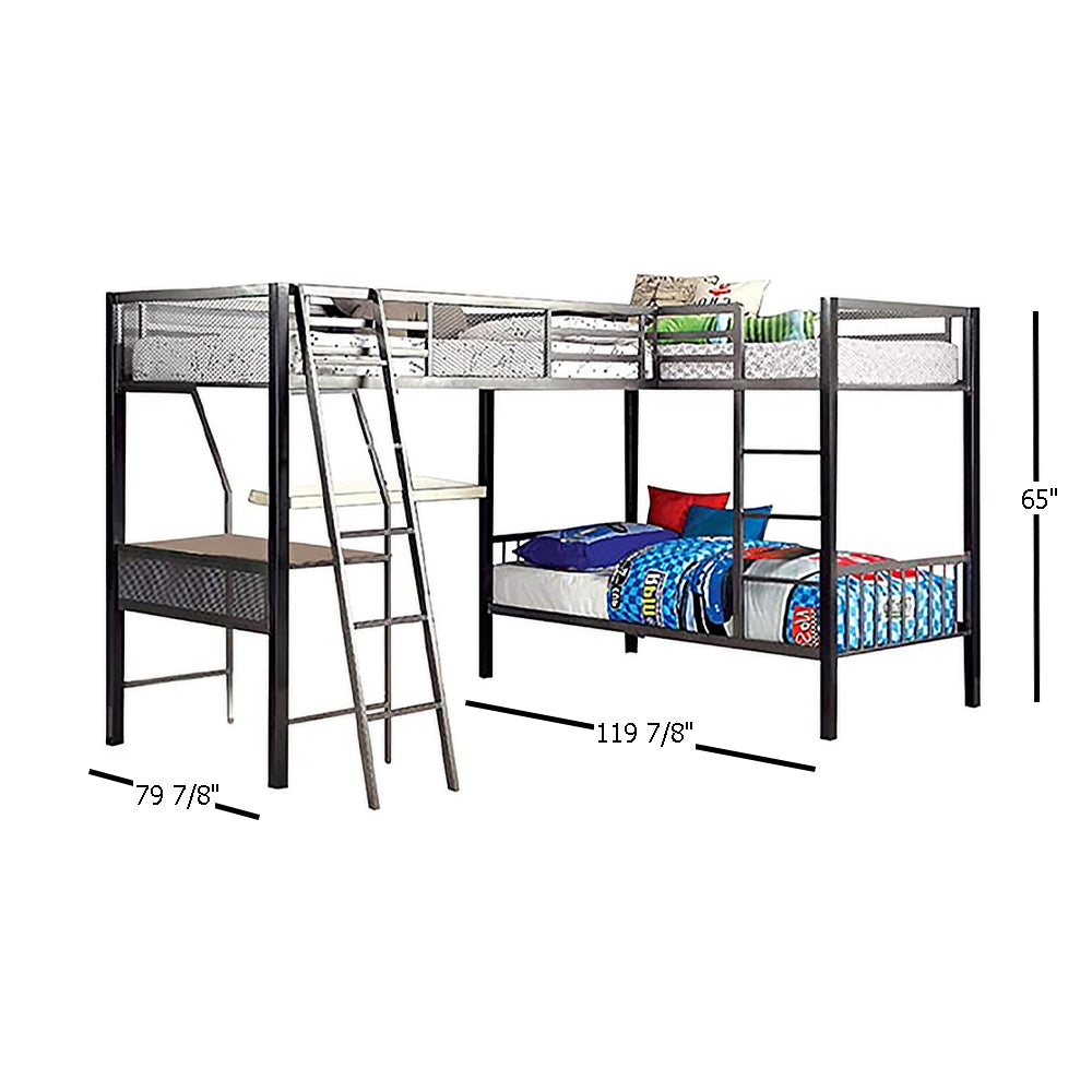 BALLARAT Triple Twin Bunk Bed w/ Desk in Silver finish