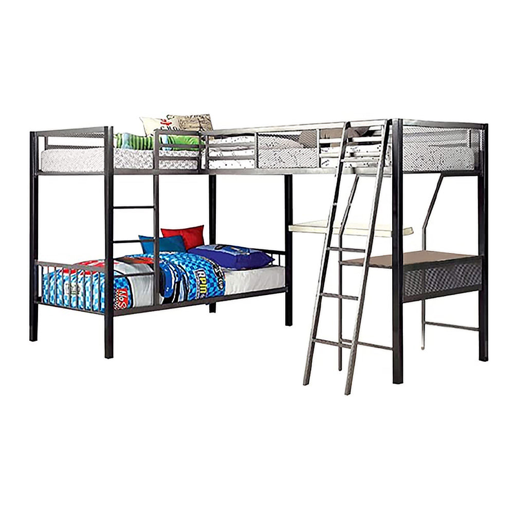 BALLARAT Triple Twin Bunk Bed w/ Desk in Silver finish