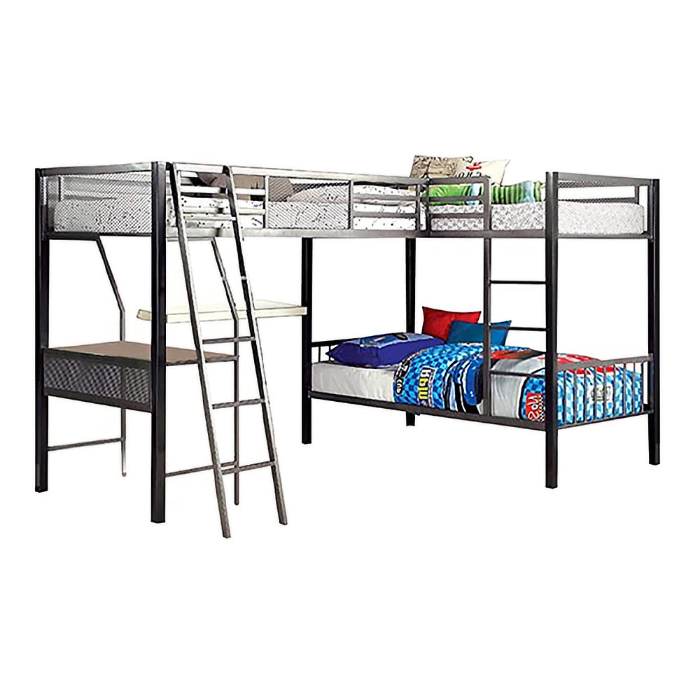 BALLARAT Triple Twin Bunk Bed w/ Desk in Silver finish