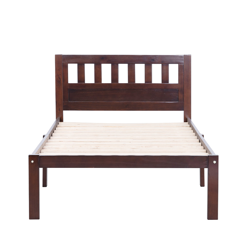 Aamir I Twin Size Bed, Wood Platform Bed Frame with Headboard For Kids, Slatted, Dark Walnut