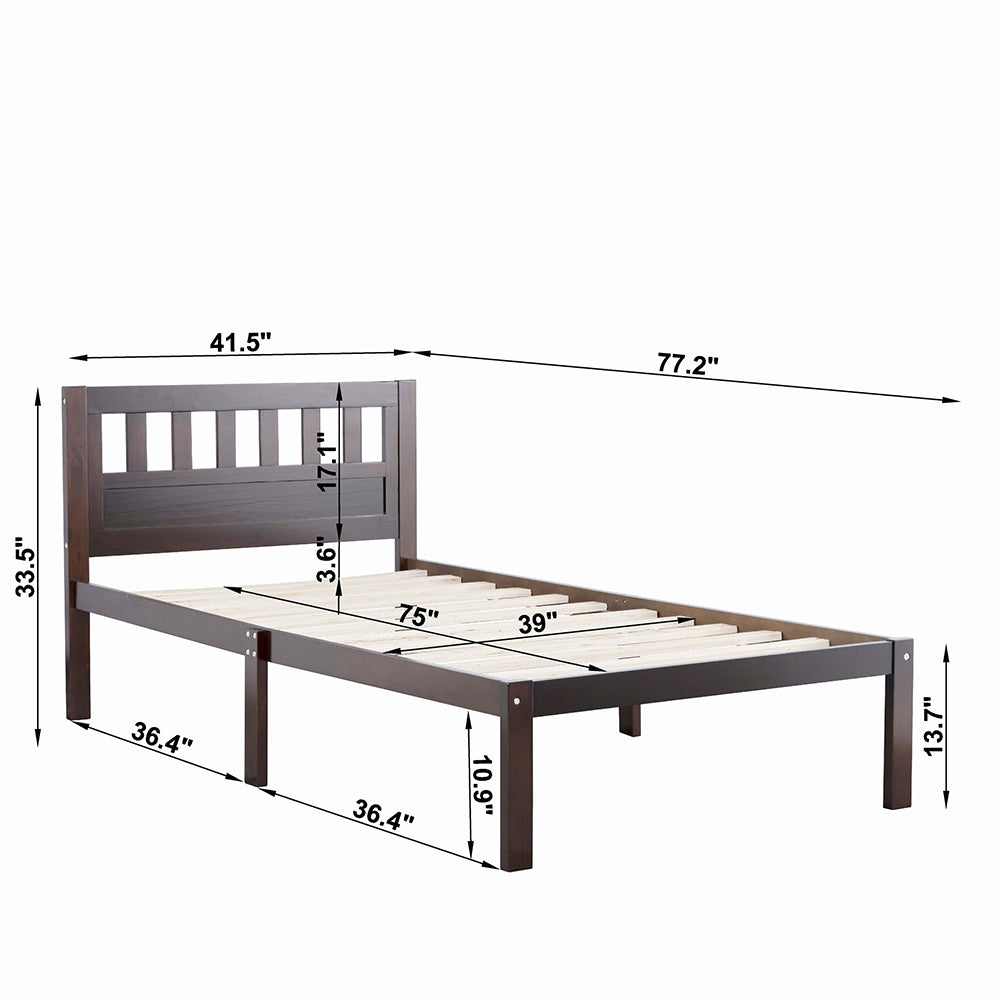 Aamir I Twin Size Bed, Wood Platform Bed Frame with Headboard For Kids, Slatted, Dark Walnut