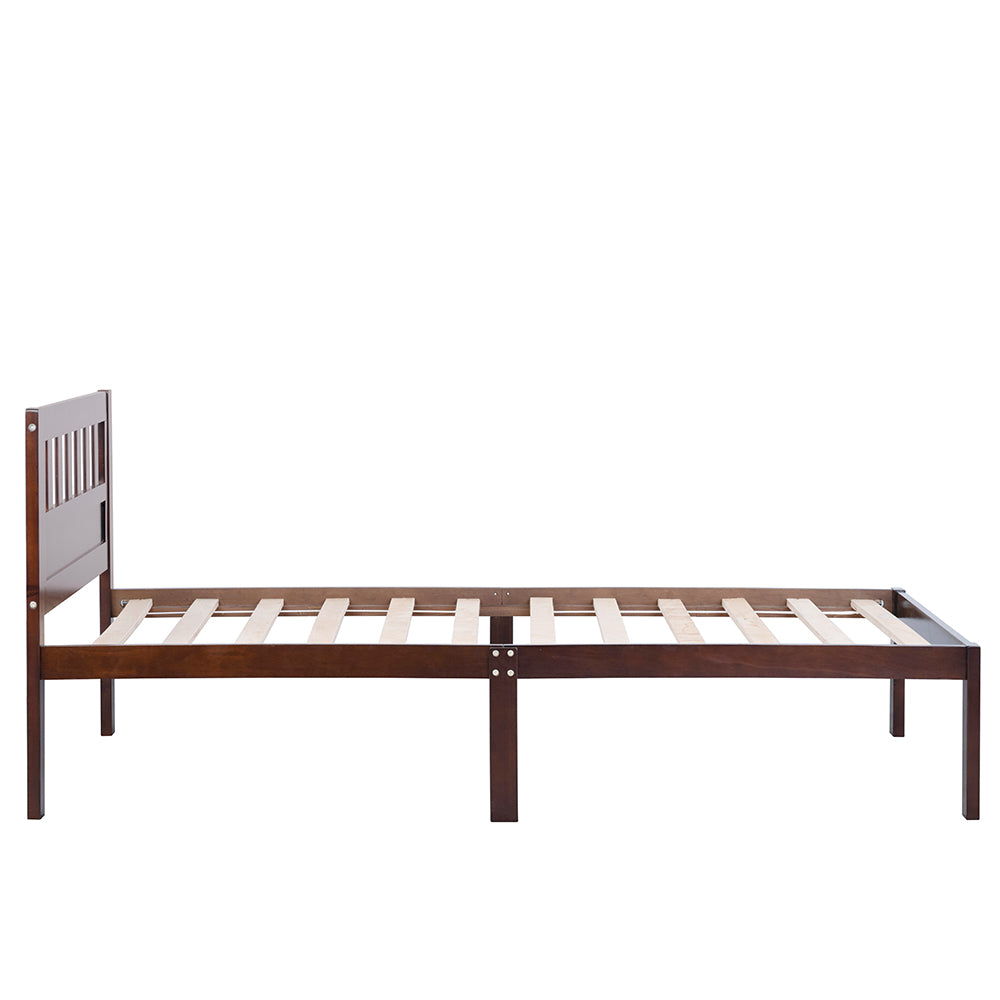 Aamir I Twin Size Bed, Wood Platform Bed Frame with Headboard For Kids, Slatted, Dark Walnut