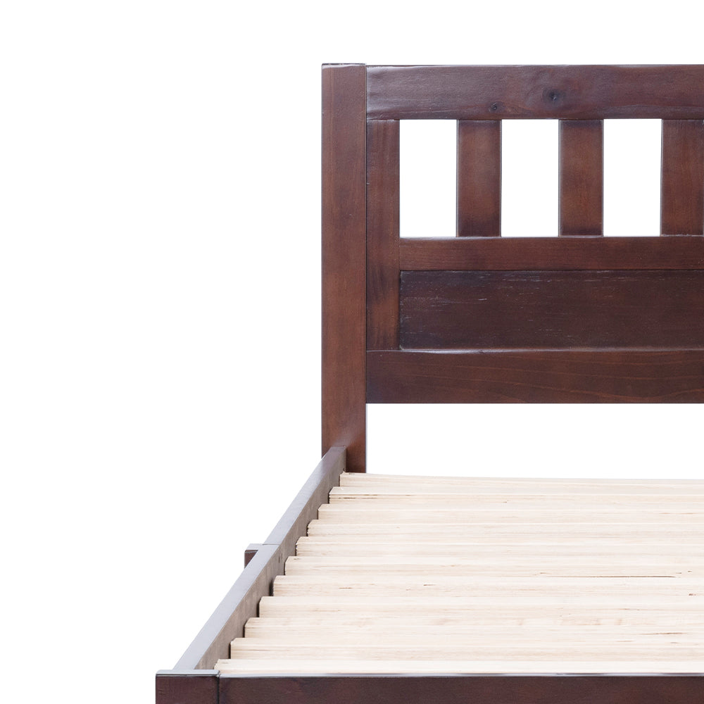 Aamir II Twin Size Bed, Wood Platform Bed Frame with Headboard For Kids, Slatted, Dark Walnut