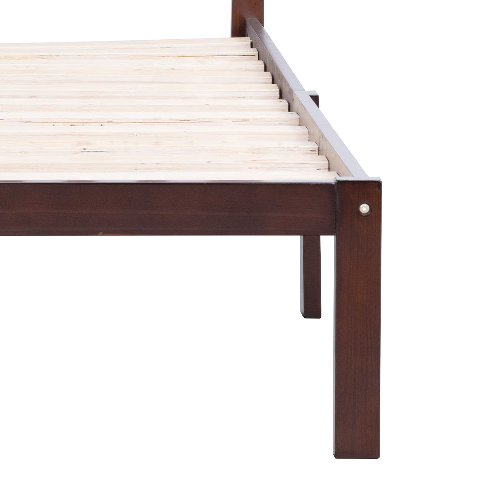 Aamir II Twin Size Bed, Wood Platform Bed Frame with Headboard For Kids, Slatted, Dark Walnut