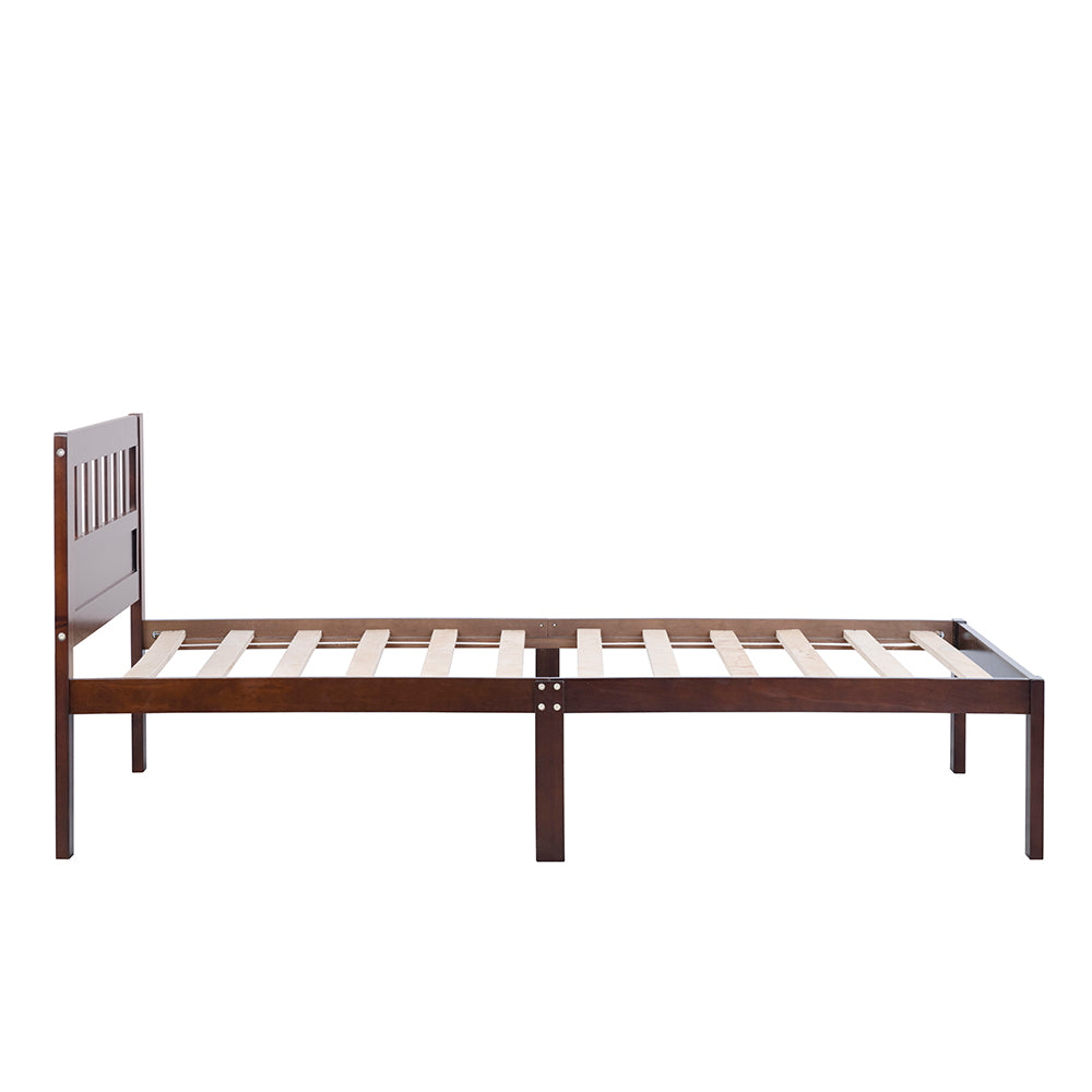 Aamir II Twin Size Bed, Wood Platform Bed Frame with Headboard For Kids, Slatted, Dark Walnut