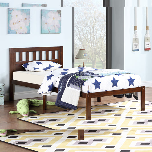 Aamir II Twin Size Bed, Wood Platform Bed Frame with Headboard For Kids, Slatted, Dark Walnut