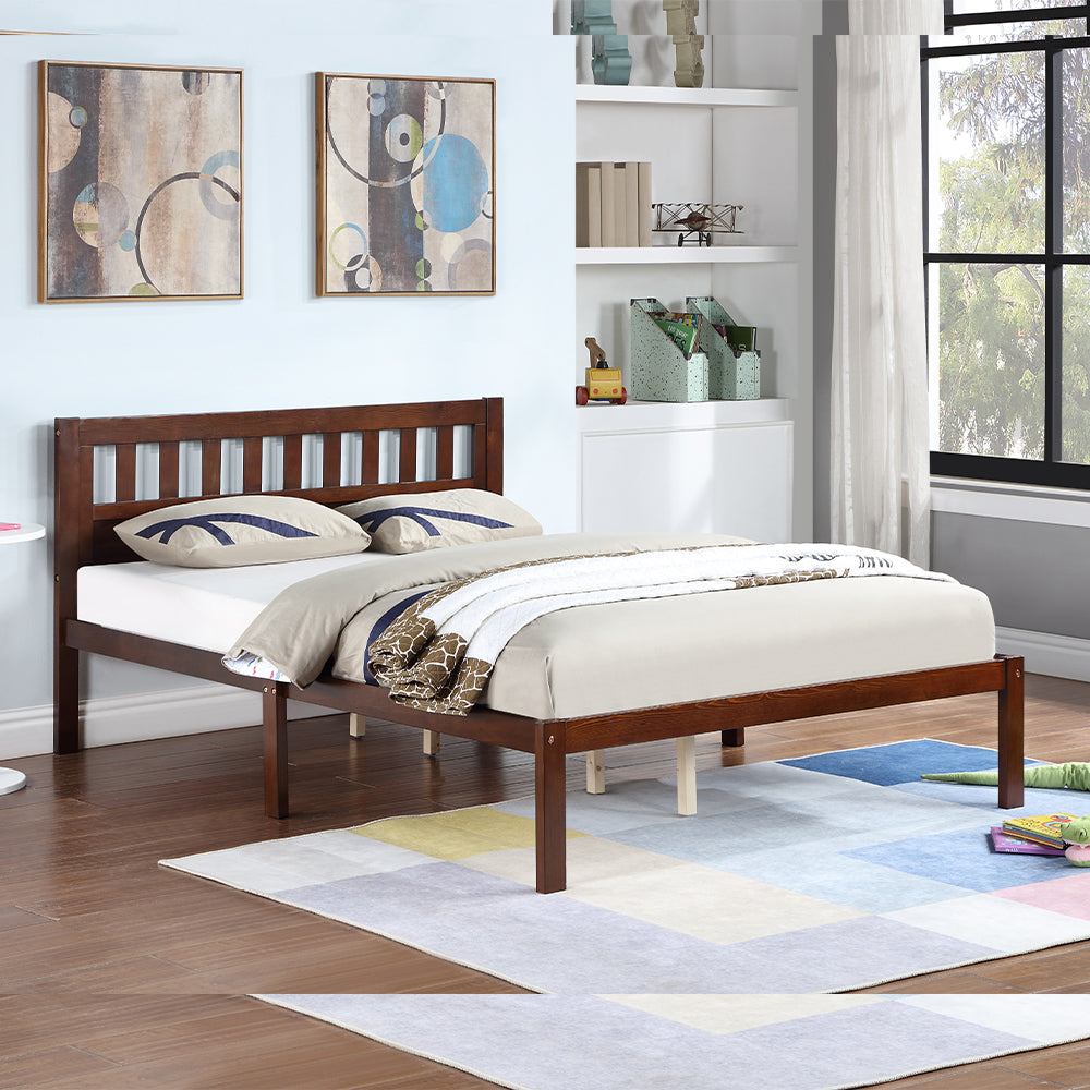 Aamir I Twin Size Bed, Wood Platform Bed Frame with Headboard For Kids, Slatted, Dark Walnut