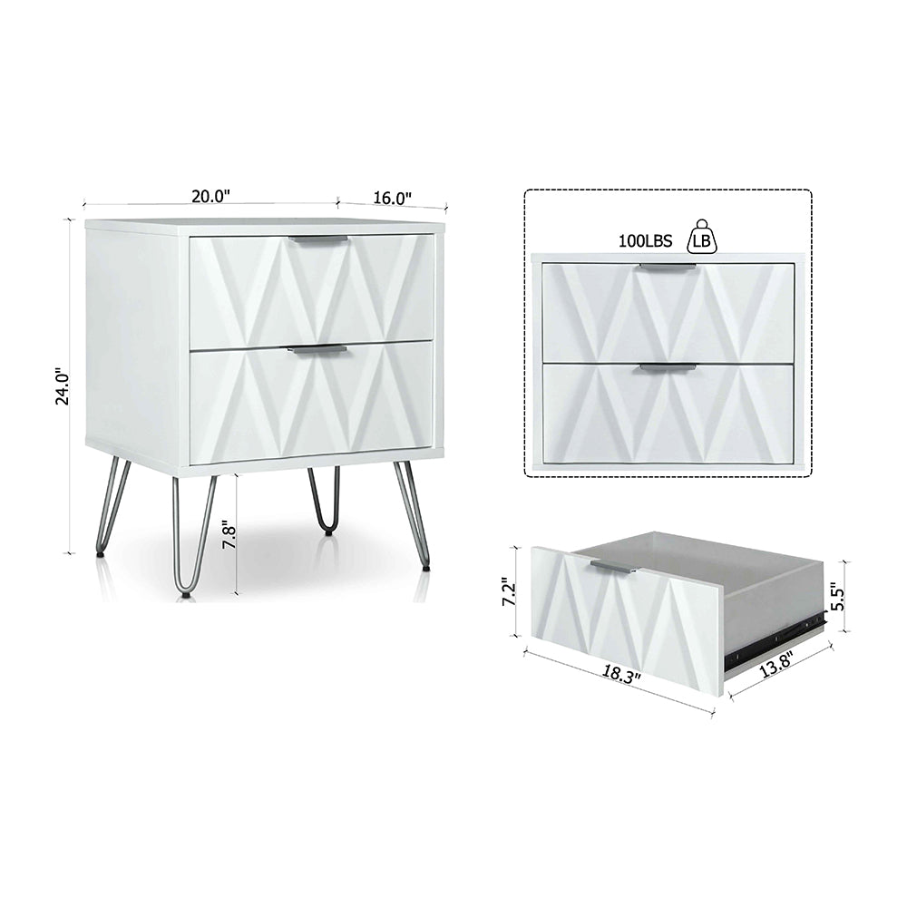 Menia Night stand with 2 drawers in White & Pewter Finish