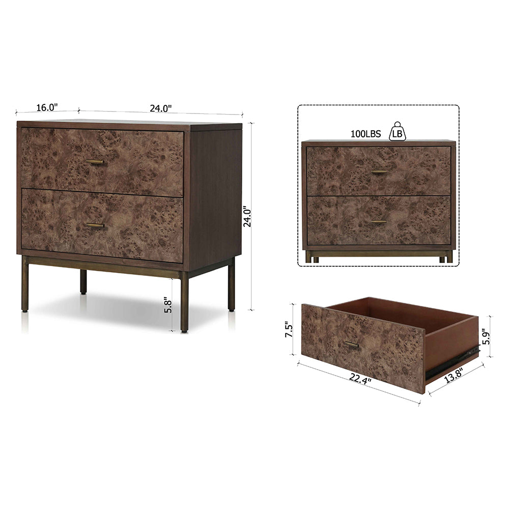 Priaz Night stand with 2 drawers in Walnut & Antique brass Finish