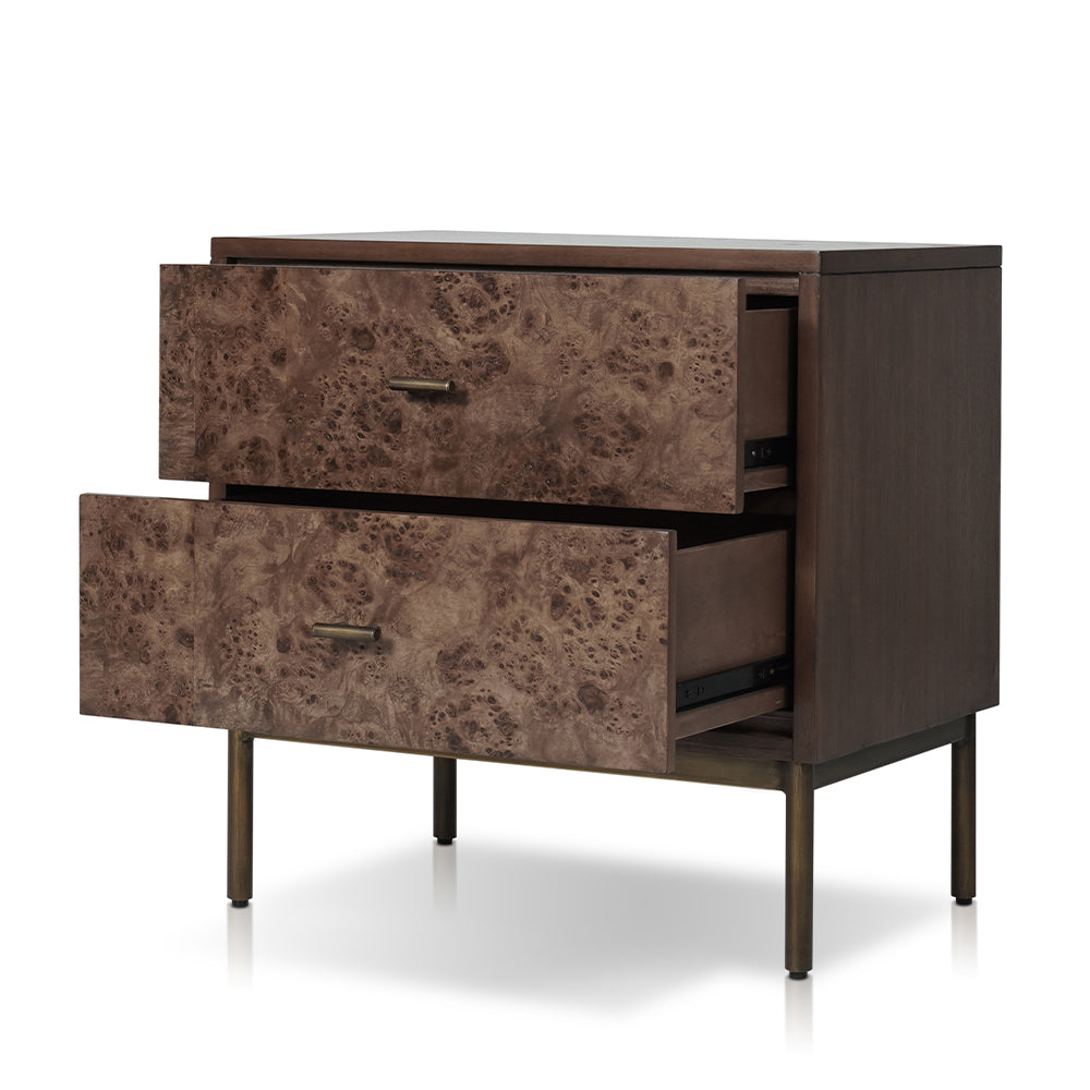 Priaz Night stand with 2 drawers in Walnut & Antique brass Finish