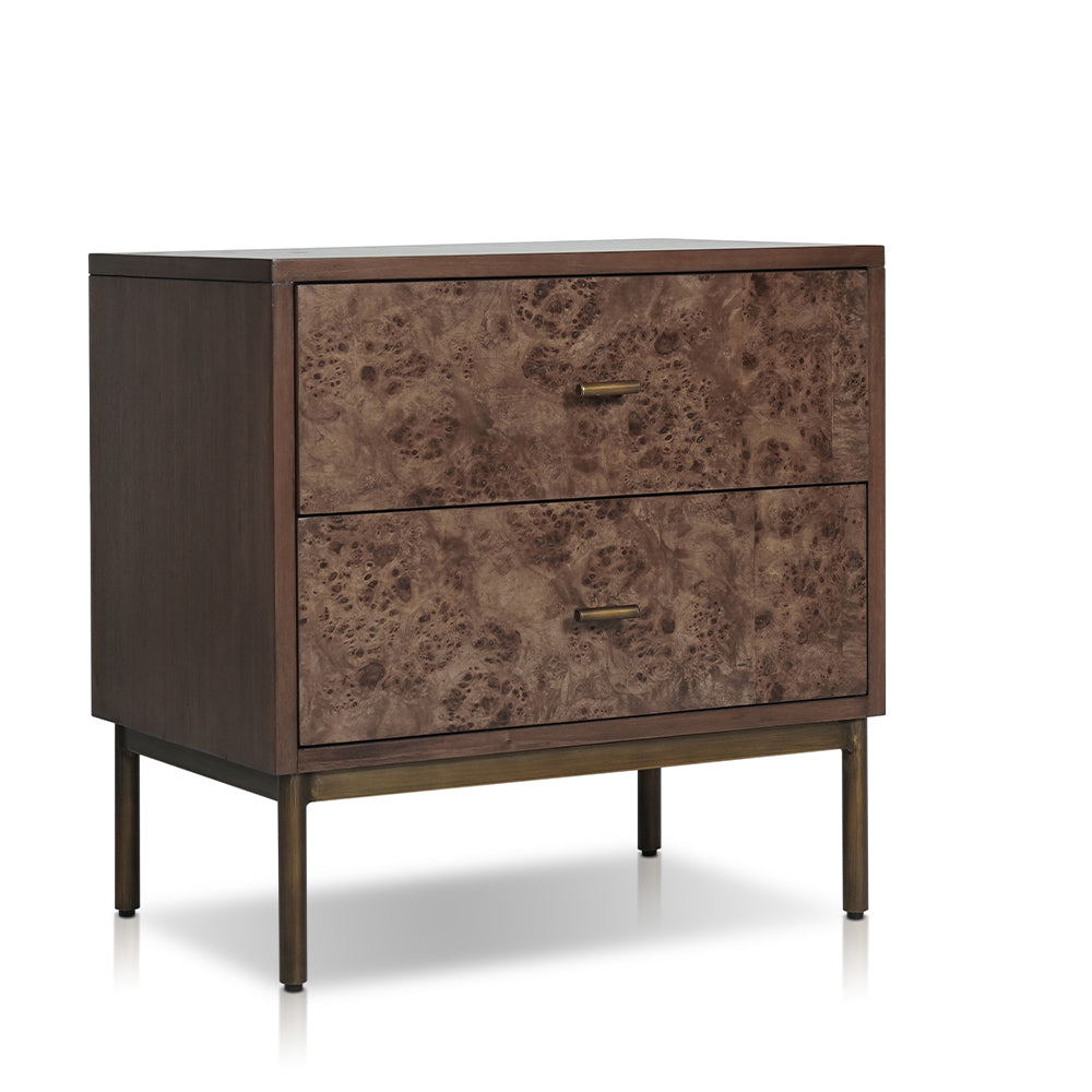 Priaz Night stand with 2 drawers in Walnut & Antique brass Finish