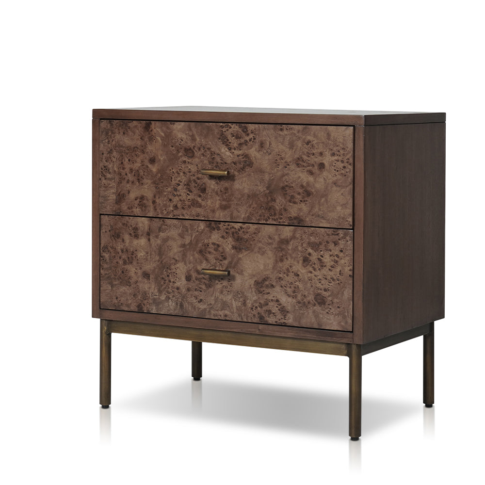 Priaz Night stand with 2 drawers in Walnut & Antique brass Finish