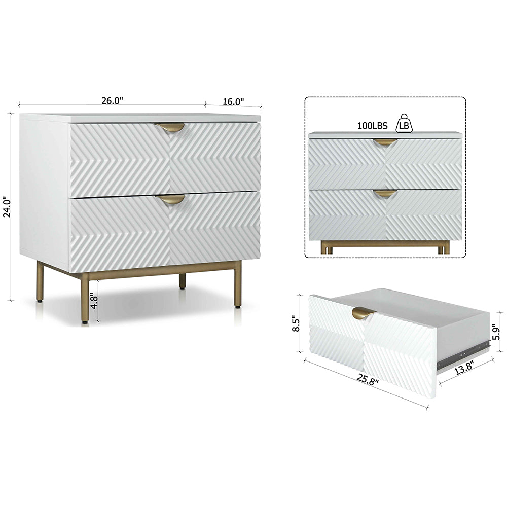 Kinno Night stand with 2 drawers in White & Gold Finish