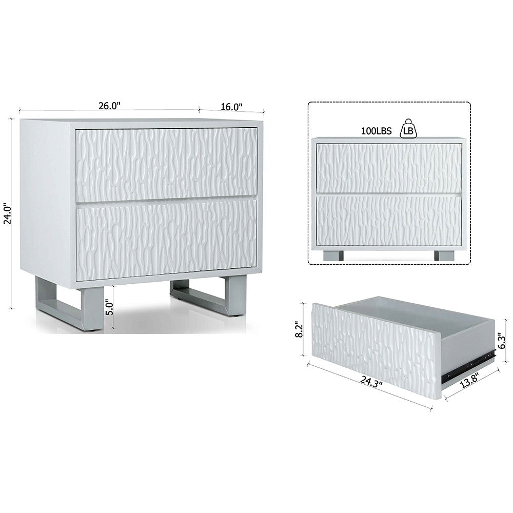 Tijano Night stand with 2 drawers in Rustic white & Silver Finish