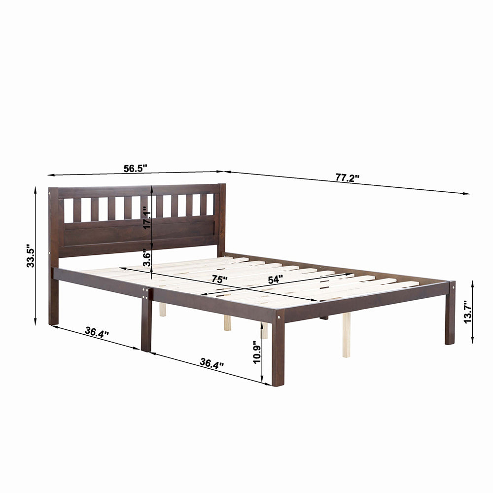 Aamir Full Size Bed, Wood Platform Bed Frame with Headboard For Kids, Slatted, Dark Walnut