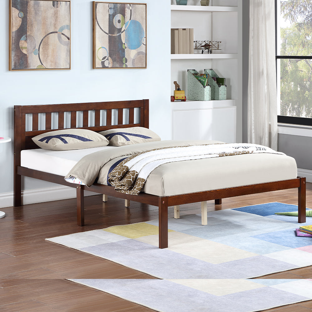 Aamir II Full Size Bed, Wood Platform Bed Frame with Headboard For Kids, Slatted, Dark Walnut