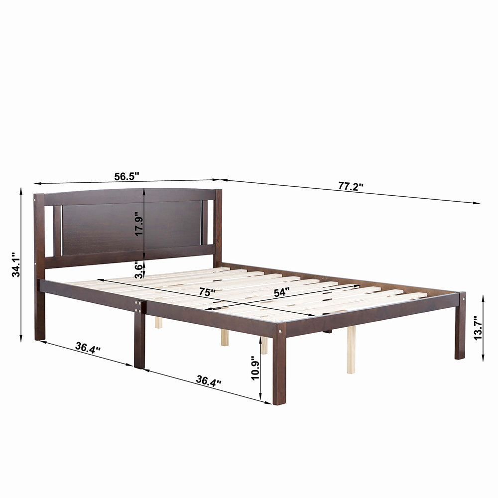 Aadhil Full Size Bed, Wood Platform Bed Frame with Headboard For Kids, Slatted, Dark Walnut