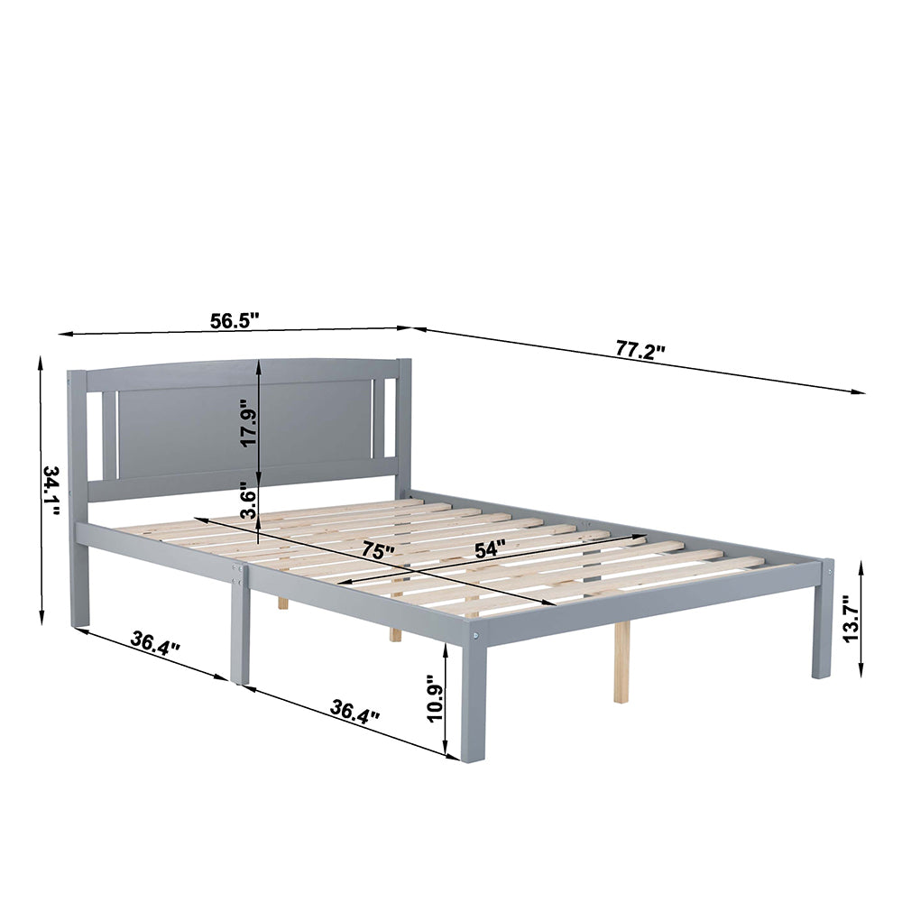 Aadhil II Full Size Bed, Wood Platform Bed Frame with Headboard For Kids, Slatted, Gray