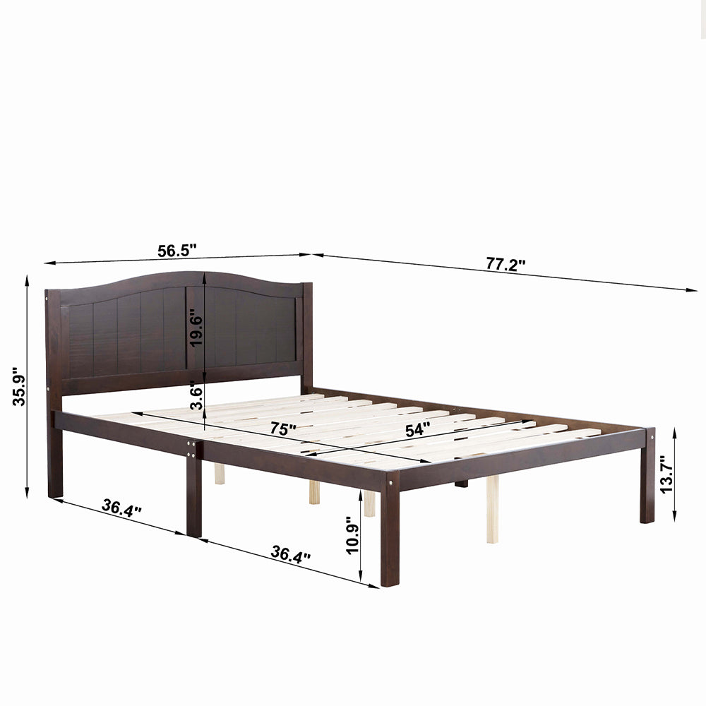 Wajih Full Size Bed, Wood Platform Bed Frame with Headboard For Kids, Slatted, Dark Walnut