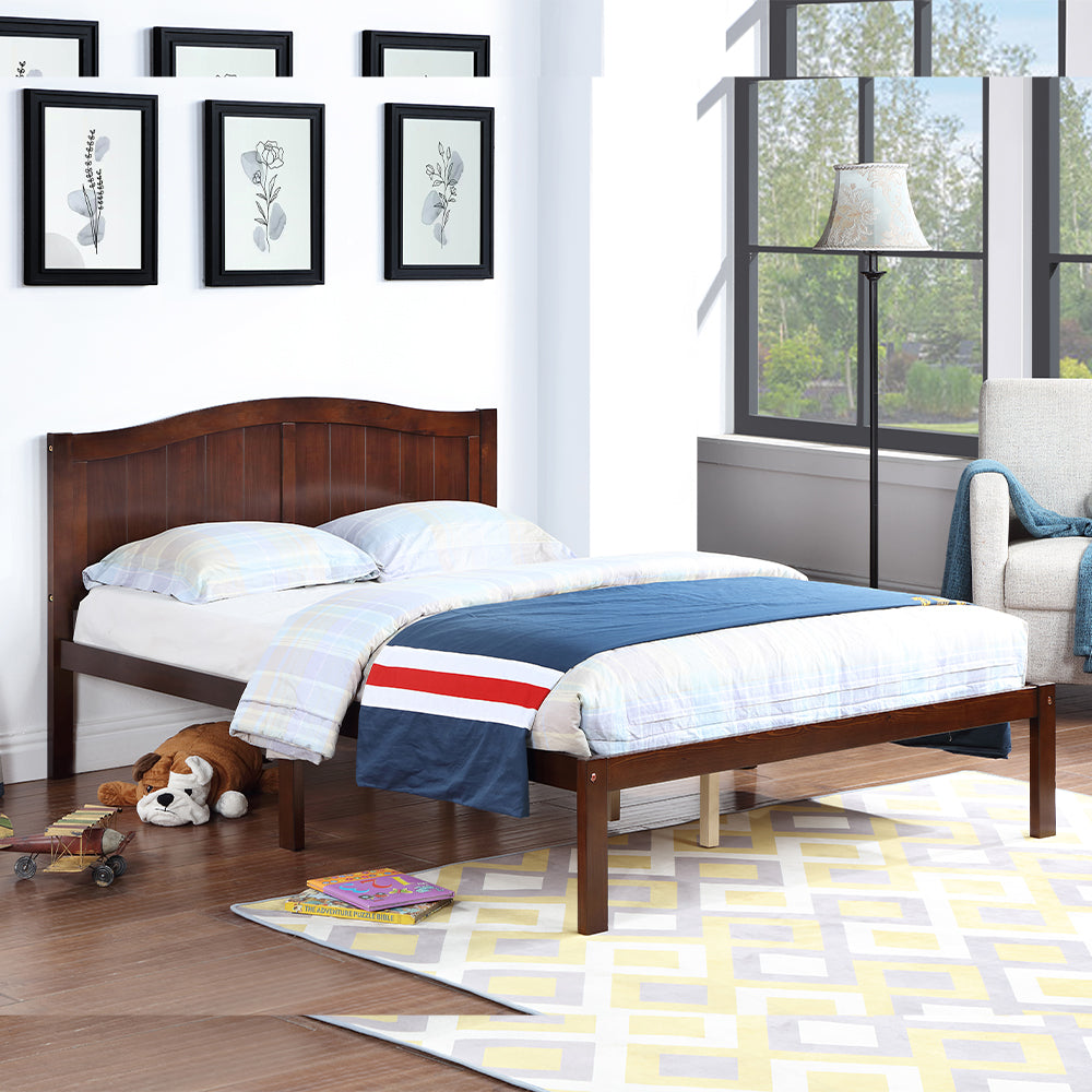Wajih I Twin Size Bed, Wood Platform Bed Frame with Headboard For Kids, Slatted, Dark Walnut