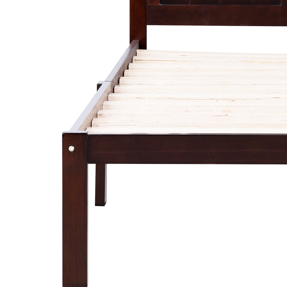 Wajih I Twin Size Bed, Wood Platform Bed Frame with Headboard For Kids, Slatted, Dark Walnut