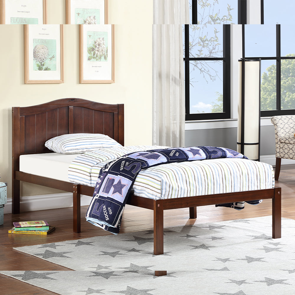 Wajih I Twin Size Bed, Wood Platform Bed Frame with Headboard For Kids, Slatted, Dark Walnut