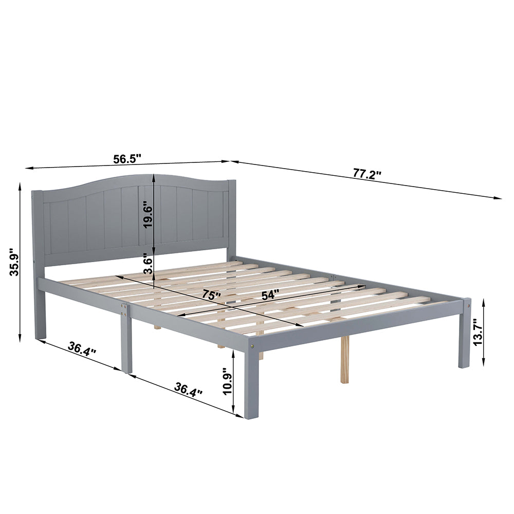 Wajih II Full Size Bed, Wood Platform Bed Frame with Headboard For Kids, Slatted, Gray