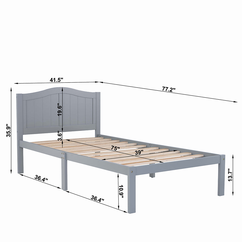 Wajih III Twin Size Bed, Wood Platform Bed Frame with Headboard For Kids, Slatted, Gray